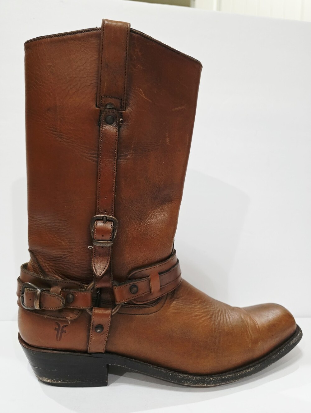 Frye 1995 Brown Leather Boot Riding Moto Harness Biker Buckle Men 9.5 D Used